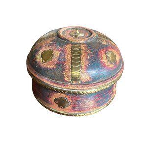 Vintage Handcrafted Wooden Trinket Box W/ Intricate Brass Inlay Lid